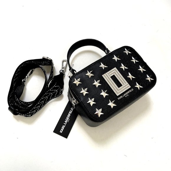 KARL LAGERFELD Paris Simone Star Studded Crossbody Top Handle Black Rhinestone - Picture 3 of 10